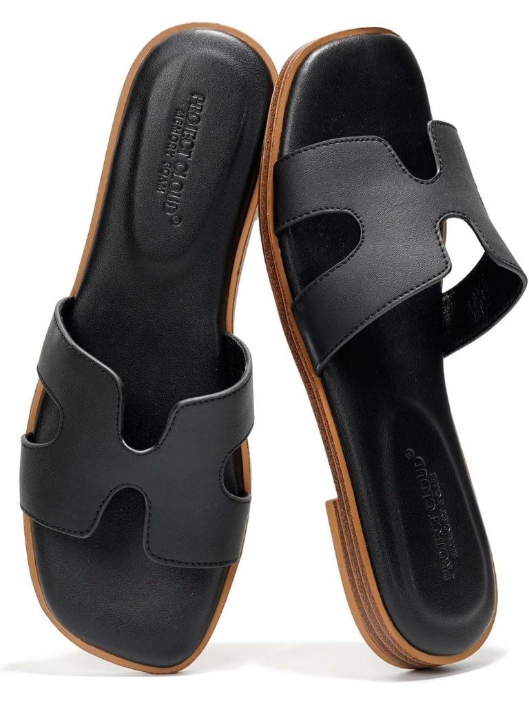 Women's Black Genuine Leather Memory Foam Insole Slides Slip On Jannel Flats
